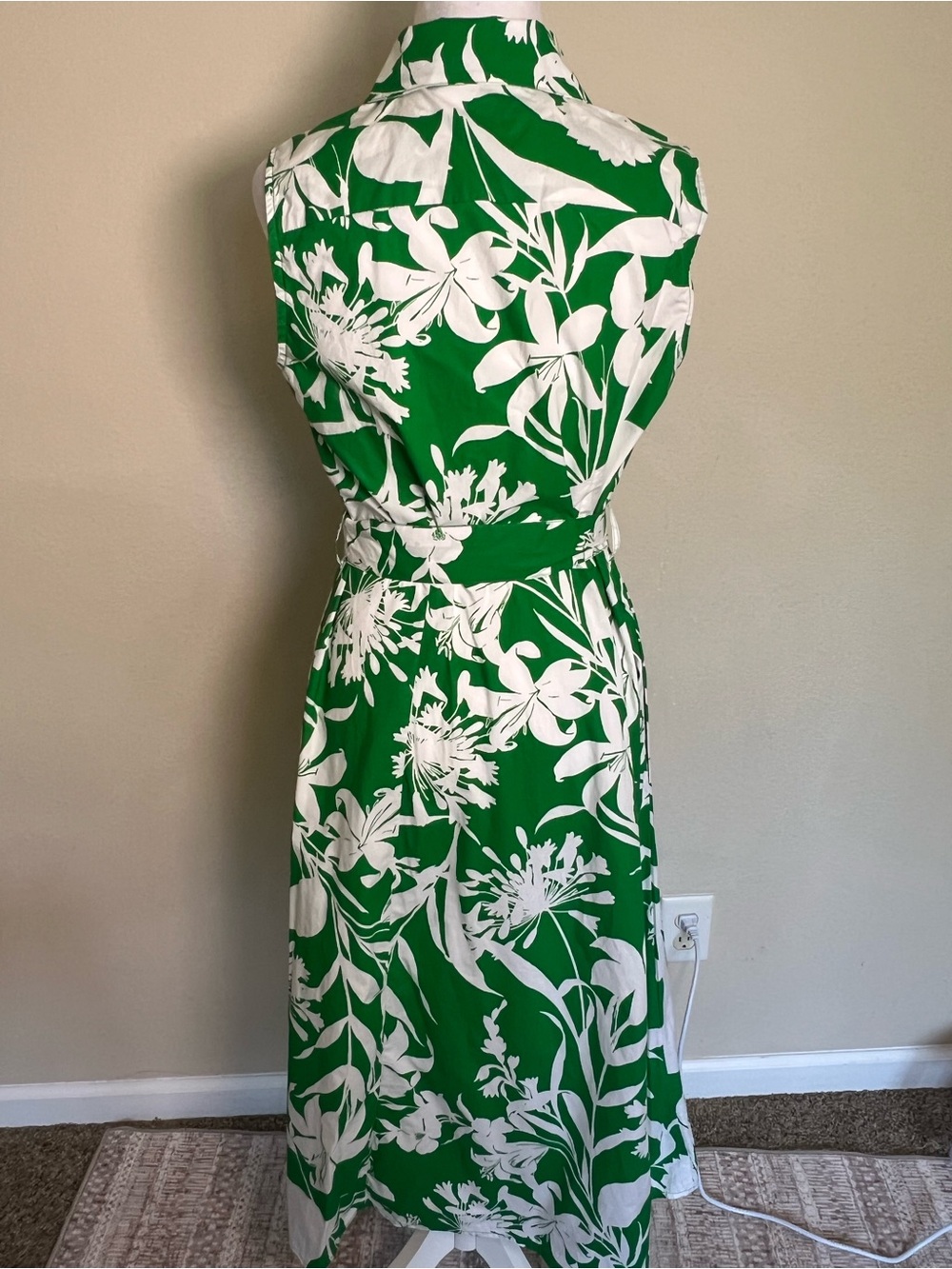Calvin Klein Green White Floral Woven Midi Shirt Dress 6 Sleeveless Button - Picture 3 of 6